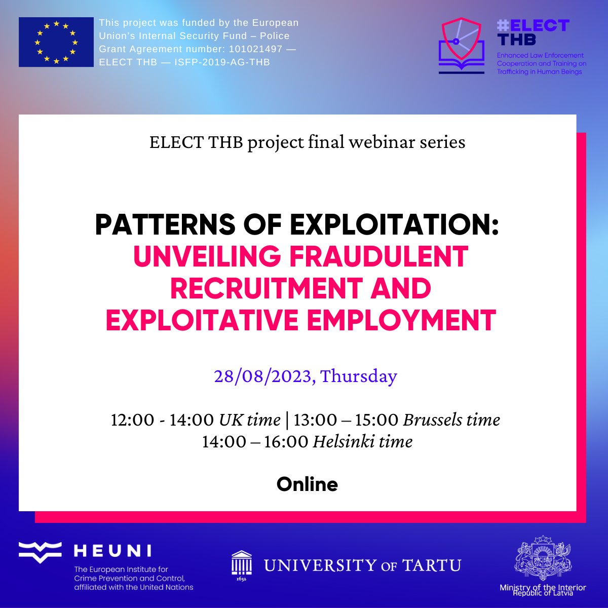 📅 Save the Date!

Join us on 28th of August online to discuss unethical practices and exploitative dynamics in the employment landscape. Mark your calendars and register here for this final webinar in the #ELECT_THB series: 
link.webropolsurveys.com/S/CD7E441456F0…

#FairWork #WorkersRights