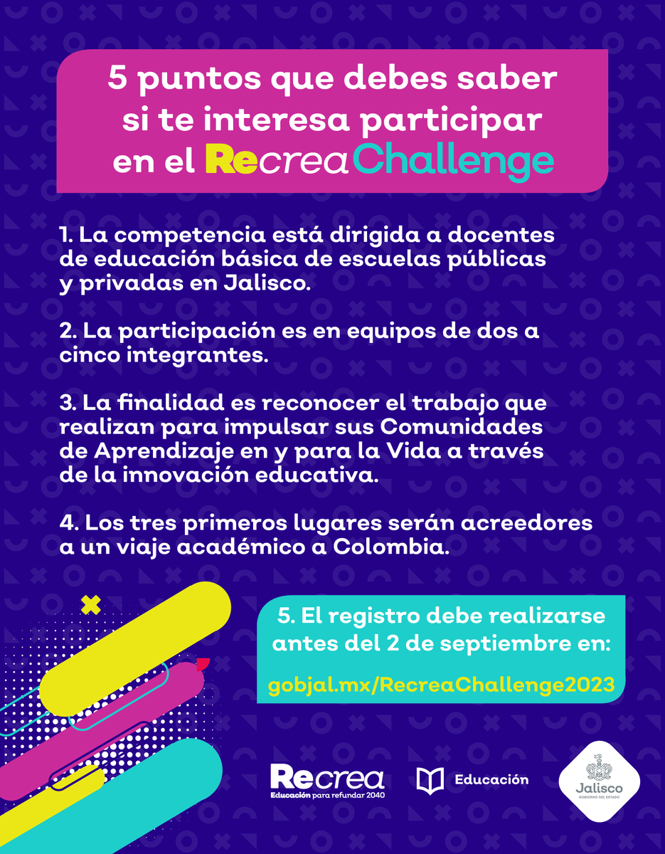 Es tiempo de incentivar a los profesionales de la educación resilientes y comprometidos con sus CAV, quienes podrán presentar propuestas que impulsen la innovación y mejora de su centro escolar.

Para saber más sobre #RecreaChallenge ingresen a: bit.ly/3OhVM5c.