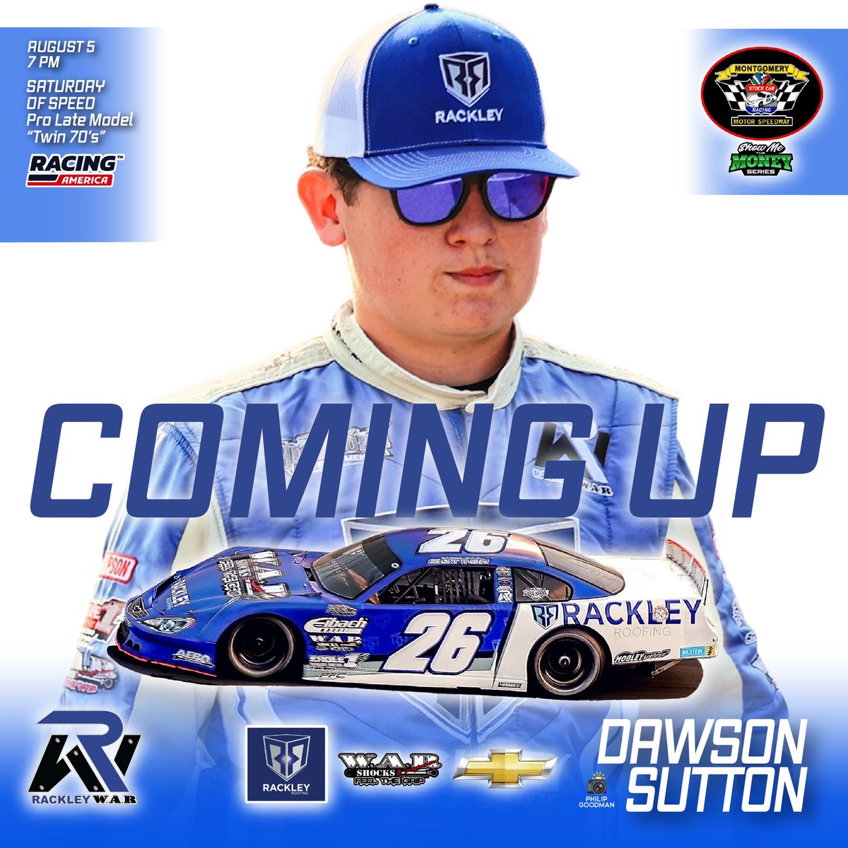 Rackley_WAR's tweet photo. COMING UP it’s the SATURDAY of SPEED for @dawsonsutton26 and the Pro Late Models at @MMSracetrack!
✌🏻PLM features on Saturday in the “Show Me The Money” Twin 70’s! 🏁
📺: @RacingAmerica.tv
#RACKLEY | @WAR_Shocks | #TeamChevy https://t.co/Sc2jqUuo37