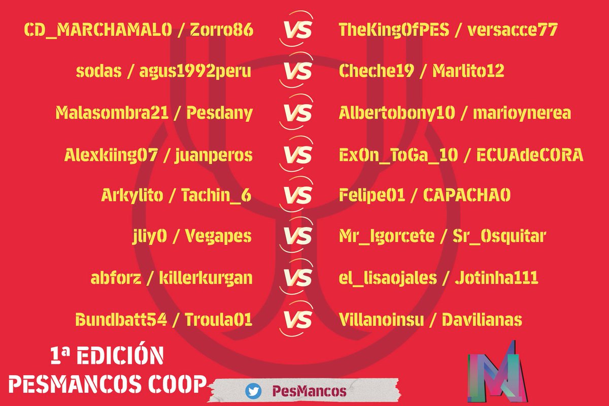 Ya tenemos en marcha la Primera Edicion de PesMancos Coop. Tenemos 16 equipos que daran mucha guerra seguro. 
Solo puede quedar uno.
Suerte a todos.

#eFootball2023 
#COOP 

OCTAVOS DE FINAL