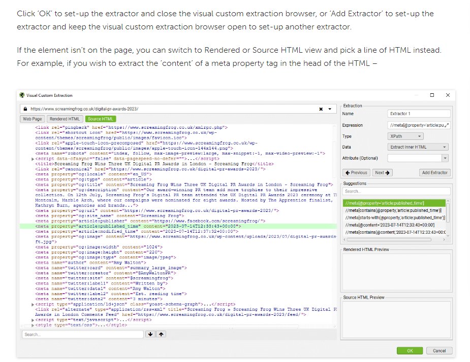 CallMeLouzander's tweet photo. Oh man the latest @screamingfrog update is soooo good. The segments tool is super cool, but the updates to the custom extractions let you use the inbuilt browser to select the element (so I can stop trying to futz around with XPATH): https://t.co/cFFw5PVlBI https://t.co/N5uGuWu0Ji