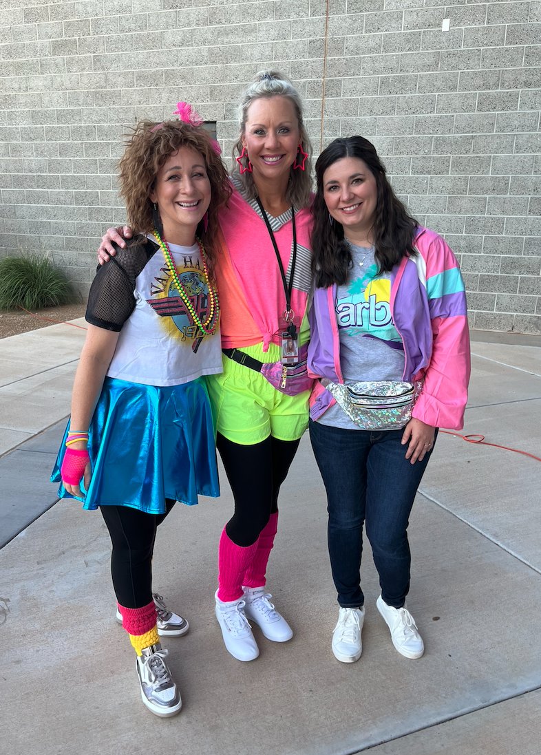 LCISDwest's tweet photo. West Elementary admins threw a totally tubular 1980s welcome to the fresh recruits this mornin'! #TotallyLCP https://t.co/2TrvAccvW9
