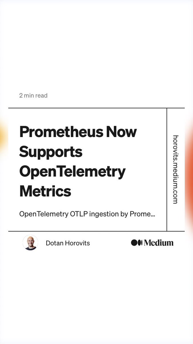 dvelb's tweet photo. “Prometheus Now Supports OpenTelemetry Metrics” by Dotan Horovits
https://t.co/M2wGsXMPYK https://t.co/s3wCoMjFII