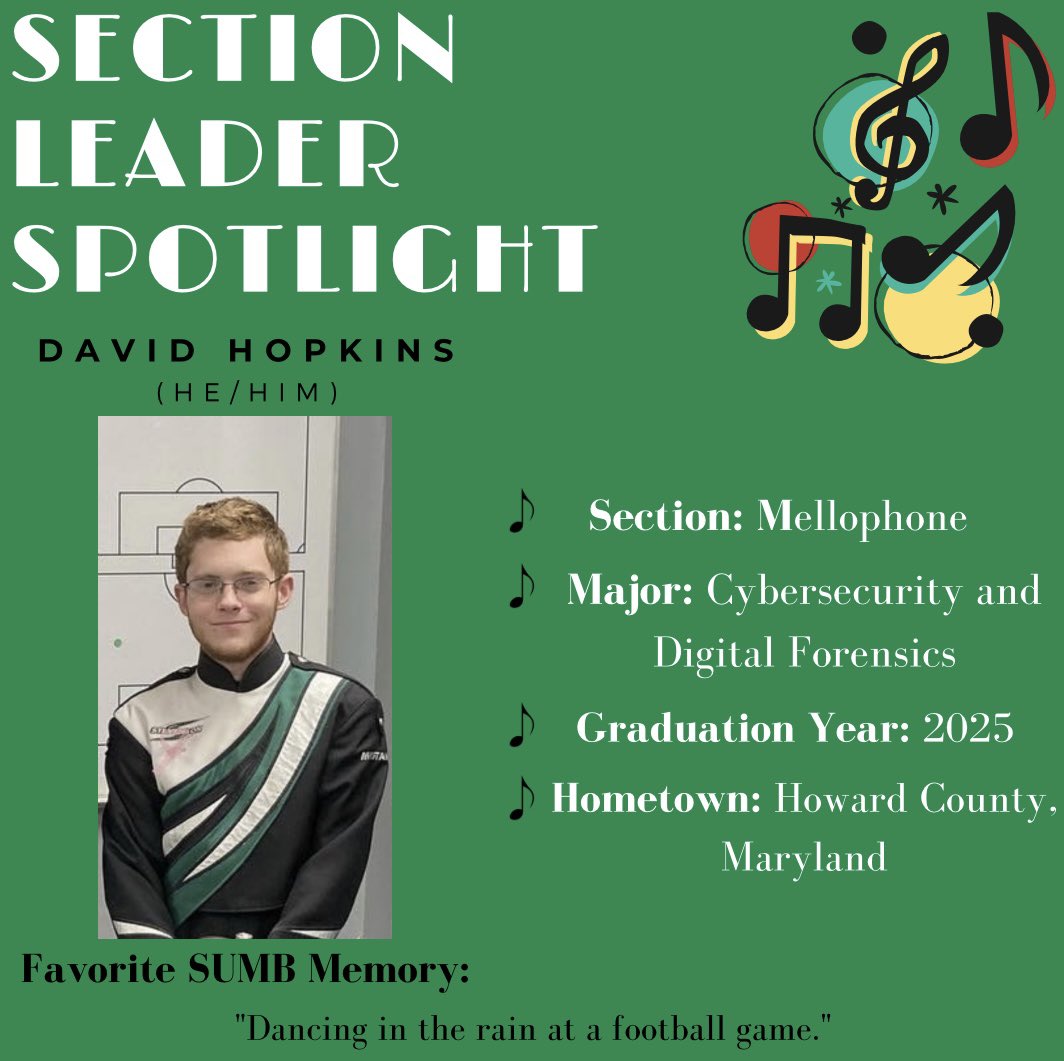 Meet today’s Section Leader Spotlight, David! David is the leader of our mellophone’s section, and he has been leading his section now for two seasons. More section leader shout outs coming soon! #stevensonuniversity #stevensonuniversitymarchingband #sectionleaders #sumb