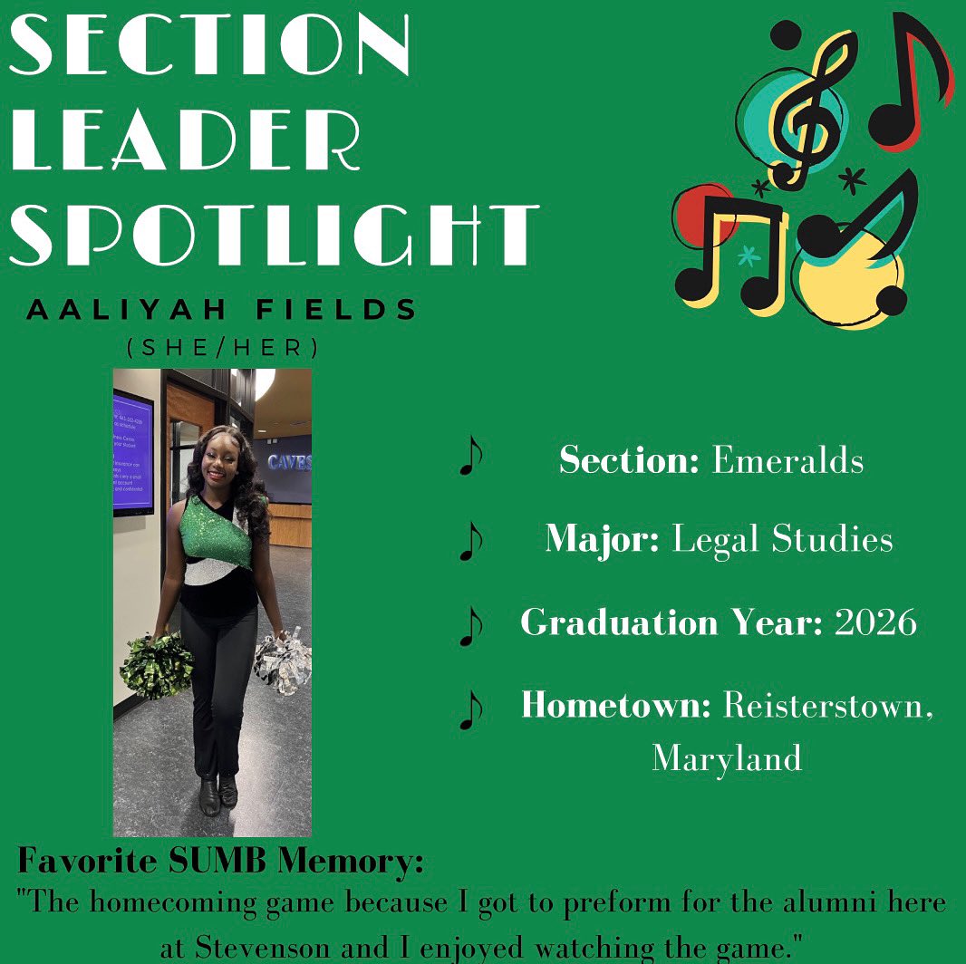 Today’s Section Leader Spotlight goes to Aaliyah! Aaliyah will be one of our three section leaders for our Emeralds, and she has been dancing outside of school for many years! More section leader spotlights to follow! #stevensonuniversity #stevensonuniversitymarchingband