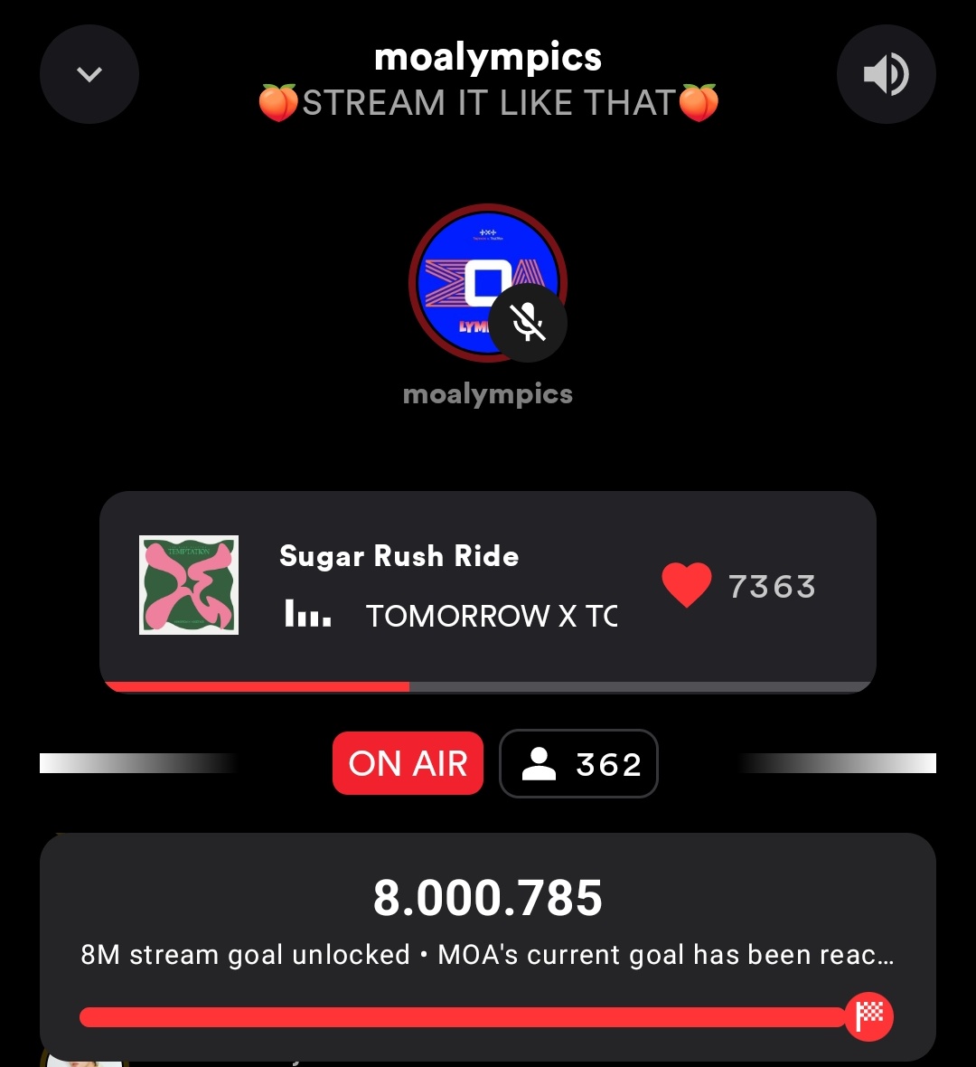 _AlessandraMM's tweet photo. 8M streams! 🎉🎉🎉🎉
@moa_lympics #StreamItLikeThat https://t.co/8msoczT1Se
