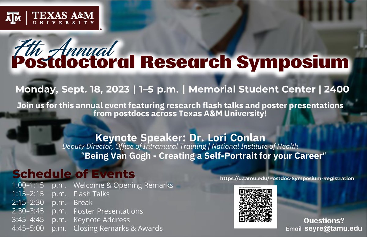 TAMU_PDA's tweet photo. Join us on Monday, Sep 18th for the 7th Annual Postdoctoral Research Symposium. Come support Postdocs from across @TAMU presenting their research in flash talks and post presentations. NIH Deputy Director @conlanlo to give keynote address! Register at: https://t.co/sbdB2BXBeH https://t.co/HFm6ROcATY