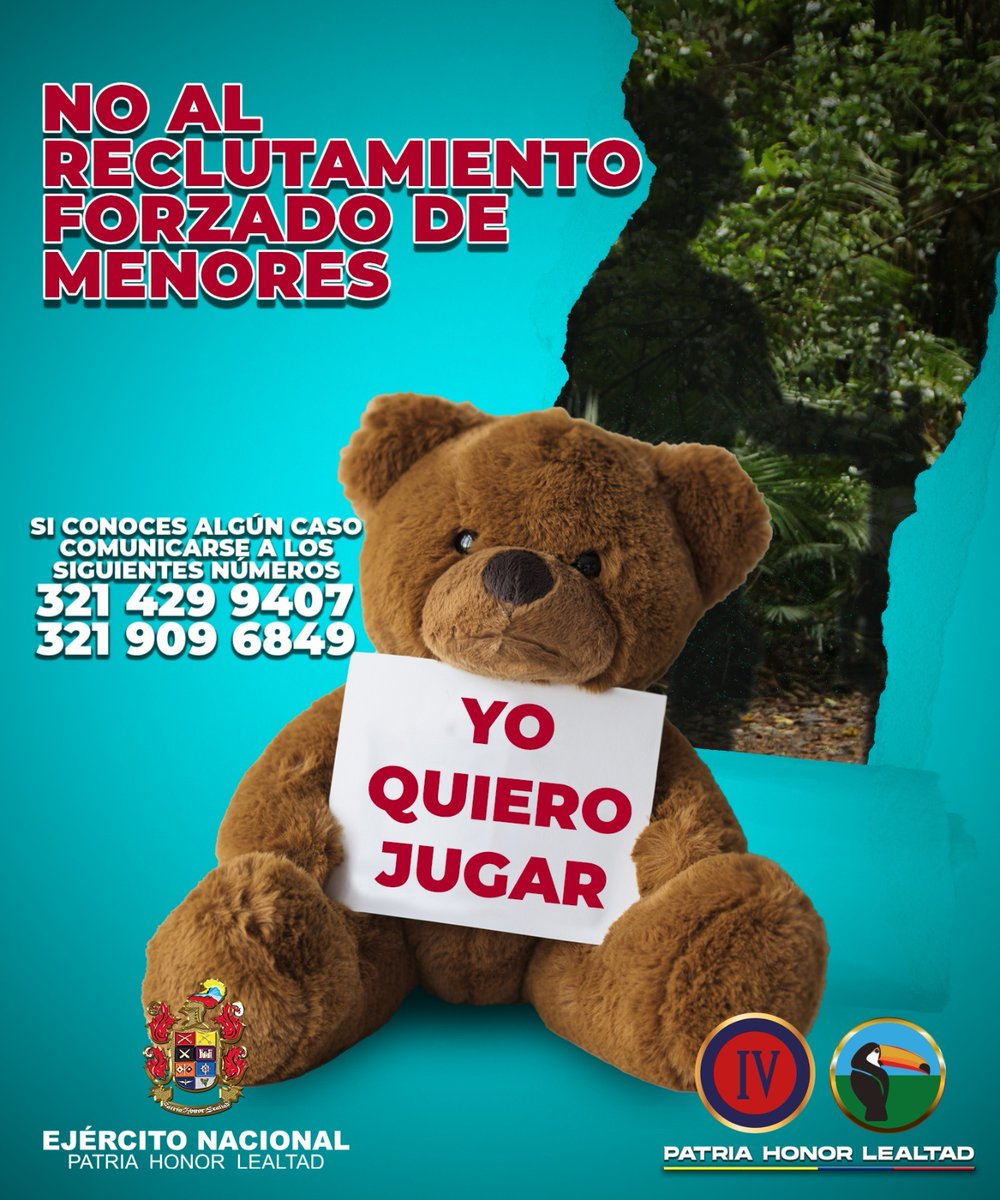 Ejercito_Div4's tweet photo. El reclutamiento forzado de niños, niñas y adolescentes, es un crimen de lesa humanidad, una forma de prevenirlo, es denunciando.
En #Meta y #Guaviare denuncie al 3214299407 - 3219096849.
#Brigada22 #RespetamosLosDDHH https://t.co/XblsZC64qf