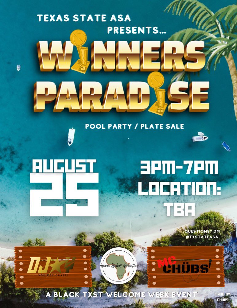 We're back! Join us at TXST ASA Pool Party - Winners Paradise. 🏆🏝 Come and enjoy good vibes with your reigning champions! Come with bathing suits ready for an afternoon of tunes by <a href="/Ayo_Akin25/">DJ A.Y🇳🇬🇳🇬</a> with <a href="/iamcid_/">Chübby</a> on the mic, food and vendors!