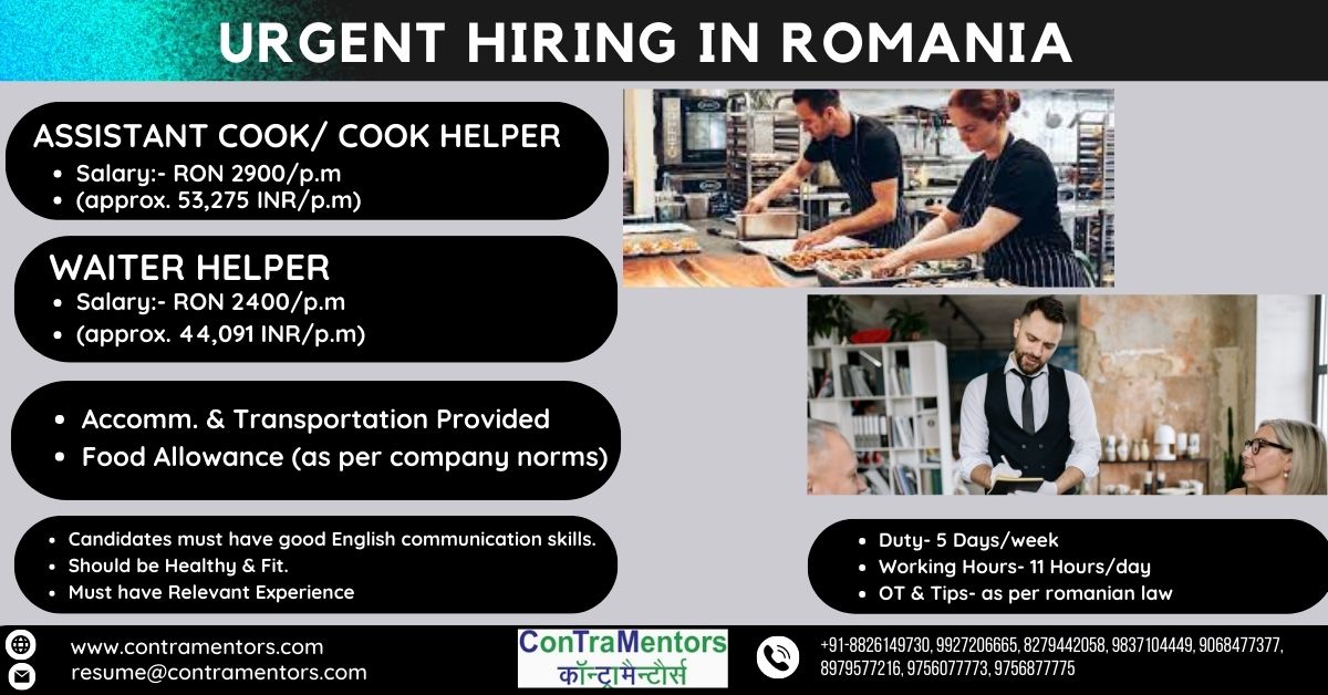 रोमानिया में जॉब Urgent Requirement for Romania (Europe)
#hiring - 
#AssistantCook #CookHelper
#Waiter #helper

Salary: RON 2400 - 2900 (Rs. 44,091 to 53,275 INR) + FOOD Allowance + Accom. + Transport.
#twitterblades  #chefjob #waitersjob #jobsineurope #romaniajobs #TwitterX