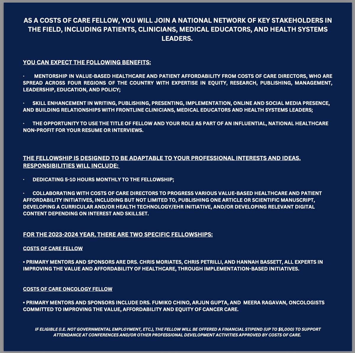 🚨 Excited to announce our Costs of Care Fellowship - applications due September 15th, 2023! A great opportunity to work closely with our amazing team of Directors! 👏 Details and link to apply 👇 costsofcare.qualtrics.com/jfe/form/SV_1L…