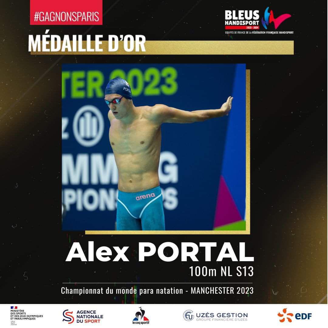 CHAMPION DU MONDE 🥇 Alex Portal magistral sur le 100m NL S13 qui s’offre le titre mondial avec un très beau chrono (52.47). Chapeau bas champion ! #BleusHandisport {CNO Saint-Germain-en-Laye / Guillaume Benoist}