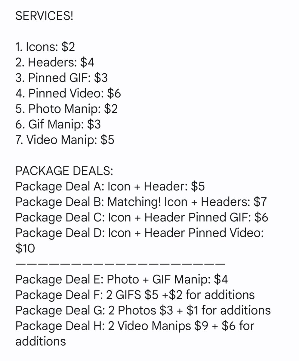 ⠀
⠀
⠀⠀ ⠀  ⠀SERVICES OFFERED
 ⠀   ⠀⠀  ⠀  by Lament Edits!

Listed below are the base prices &amp; package deals available for purchase.  Prices are non-negotiable for first time customers.  Cash-App is the only form of payment.
⠀
⠀