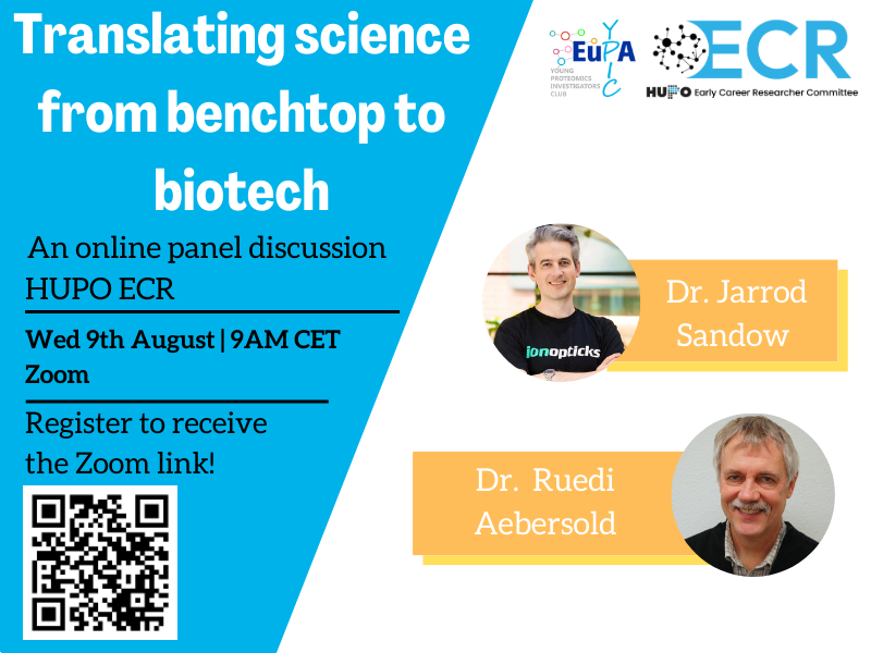 The #HUPOECR is hosting its next free online panel discussion! Join us on August 9th, 9AM CET to discuss the translation of science from benchtop to biotech, with panelists Jarrod Sandow (@JarrodSandow) and Ruedi Aebersold. Register now at: shorturl.at/hvyNU ⭐️👀