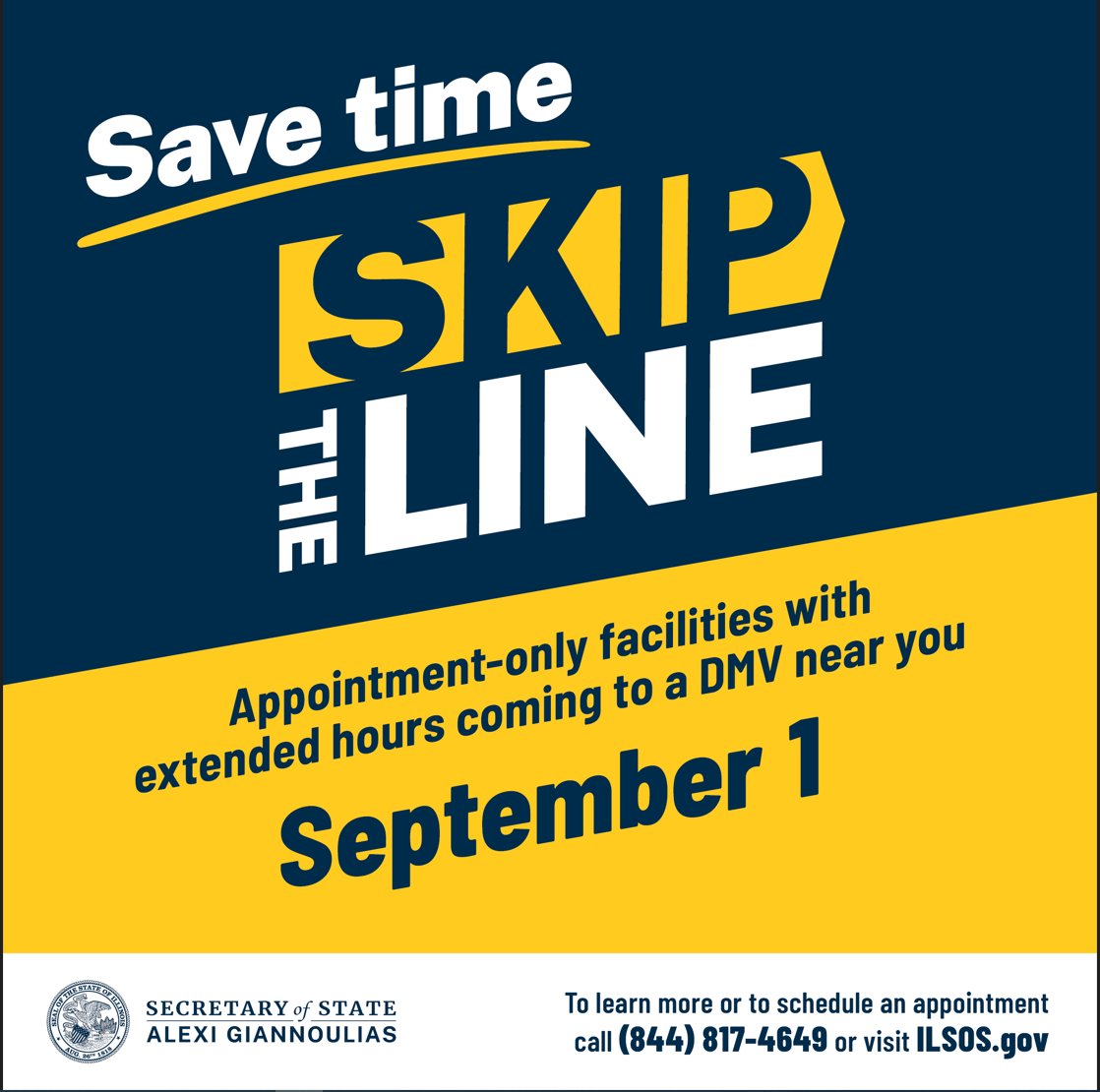 IMLLeague's tweet image. @ILSecOfState announced the new &quot;Skip-the-Line&quot; program for #Illinois DMVs. Starting Sept. 1, the busiest locations will require appointments to eliminate wait times. All DMVs will have expanded hours. To learn more, visit ilsos.gov. #ILSOS #twill