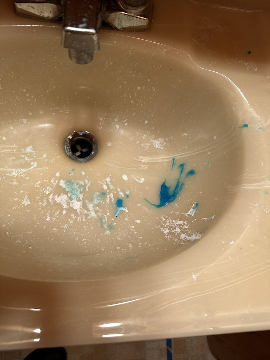 My 2 grandkids, 7 & 9 just left after a 4 day stay. 
It looks like they murdered a Smurf in the sink.