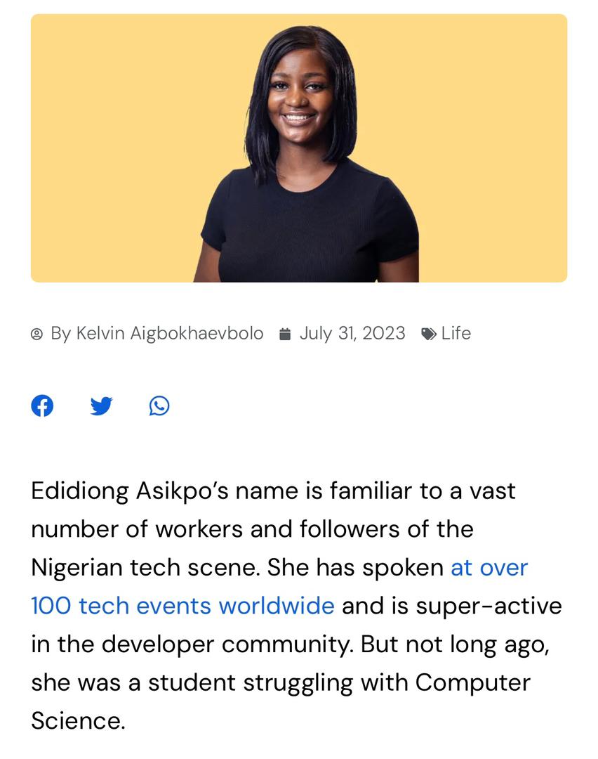 Didicodes's tweet photo. Being in tech was never a career aspiration for me. I moved from wanting to become a lawyer to accidentally beginning a career in tech.

This interview with @PiggyBankNG highlights my tech journey, salary growth, learnings &amp; tips to grow. 

Check it out 👇
https://t.co/ya0fG5BUrp https://t.co/3xa9LxZ79N
