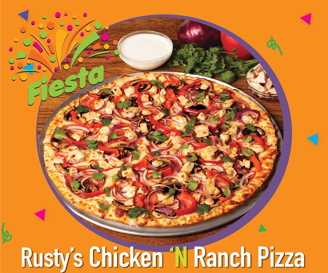 RustysPizza's tweet image. In honor of Fiesta’s 99th year- we’re celebrating with Rusty’s new Chicken ‘N Ranch pizza and Hot Wings with Mango Habanero Sauce! 805-564-1111 and online soon!