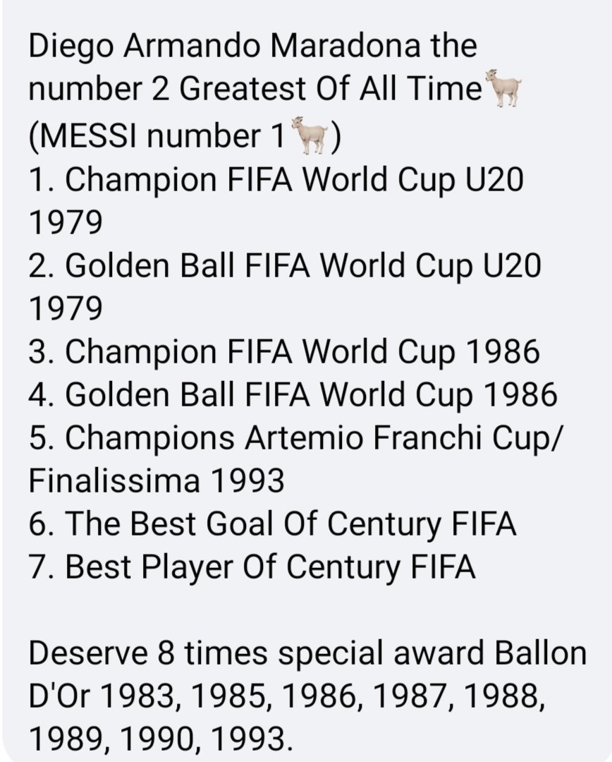 MessiGarnacho's tweet photo. @francefootball @EASPORTSFC Maradona the number 2 Greatest Of All Time🐐
1. Champion FIFA World Cup U20 1979
2. Golden Ball FIFA World Cup U20 1979
3. Champion FIFA World Cup 1986
4. Golden Ball FIFA World Cup 1986
Deserve 8 times special award Ballon D'Or 1983, 1985, 1986, 1987, 1988, 1989, 1990, 1993. https://t.co/Vr0uAqGWA4