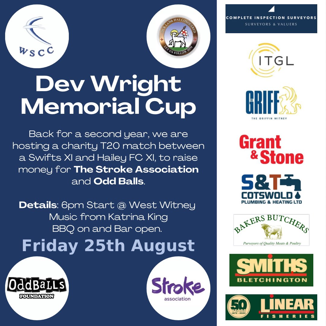 WitneySwiftsCC's tweet image. Dev Wright Memorial Cup!

Date for your diaries, Friday of the August bank holiday weekend will see the return of the T20 match between Witney Swifts and Hailey FC, this year raising money for The Stroke Foundation and Odd Balls. 

A great way to start the long weekend!