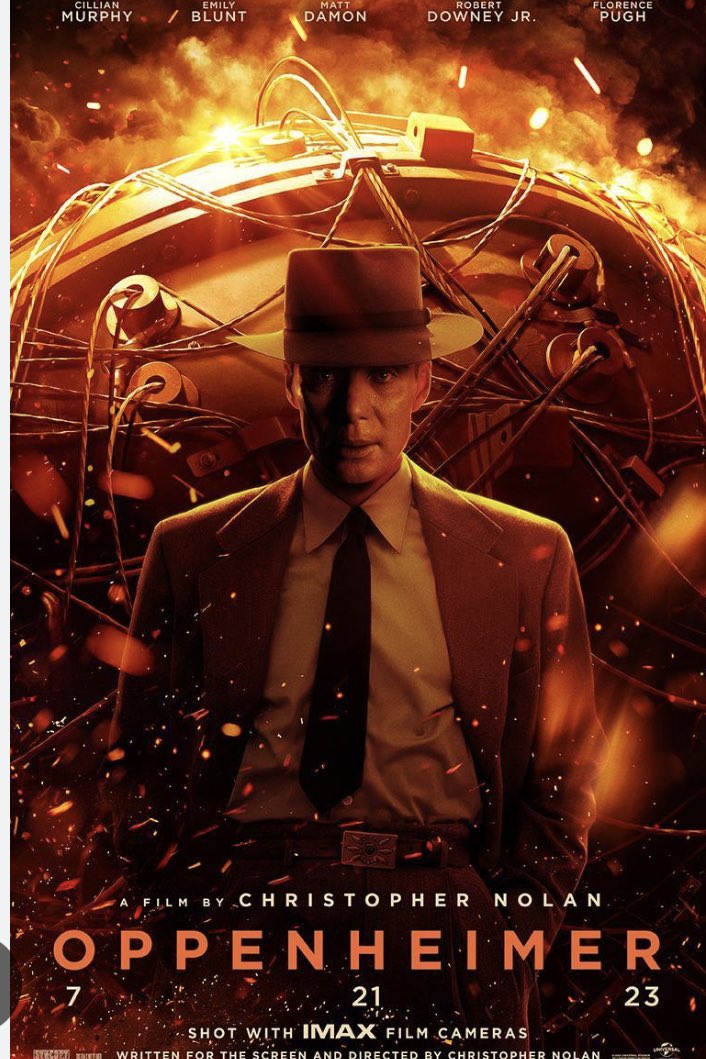 Espectacular Oppenheimer, la película. Mucha Física, muchas reflexiones. Qué bien utilizado el sonido, sin duda no hay que perdérsela en el cine para disfrutar de verdad. Sin duda para usarla en clase. #Oppeneheimer