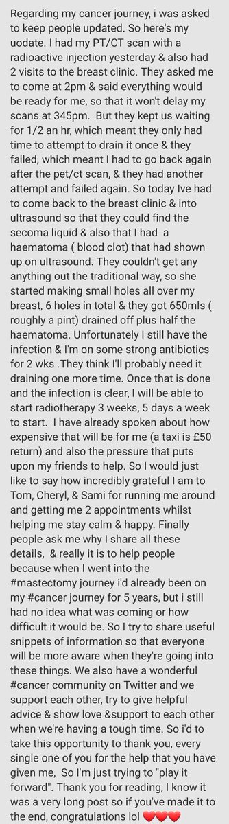moomadee1's tweet photo. People kindly asking for an update, below unfortunately i left out the main info. The #cancer #breastcancer has spread to my chest wall,thru to my back, into my neck &amp; down my spine. Radiotherapy for 3 weeks, 5 dys a week. If it works, more, but if not, pallative care only 🙏❤️‍🩹 https://t.co/iw8mIX1i3c