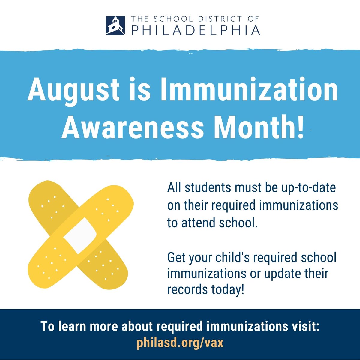 PHLschools's tweet photo. August is Immunization Awareness Month! All students must be up-to-date on their required immunizations to attend school. Visit https://t.co/bLINgLRAPH to learn about FREE immunization clinics &amp; how to update a child's record. #PHLED #ImmunizationAwarenessMonth https://t.co/N0rZZxcqoa