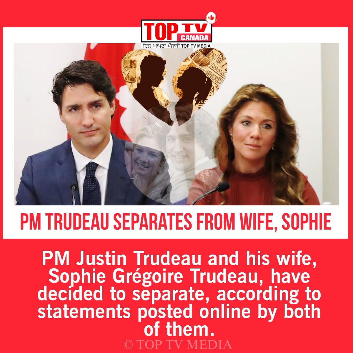 TOPTvcanada's tweet photo. Seperation after 18 years of marriage. 💔
.
Canadian Prime Minister Justin Trudeau and his wife, Sophie Grégoire Trudeau, have announced that they are separating .
#Canada #JustinTrudeau #SophieTrudeau #Canadian #Family #Seperation #Life #PrimeMinister #love #endtimes https://t.co/co1Z2rwSrF