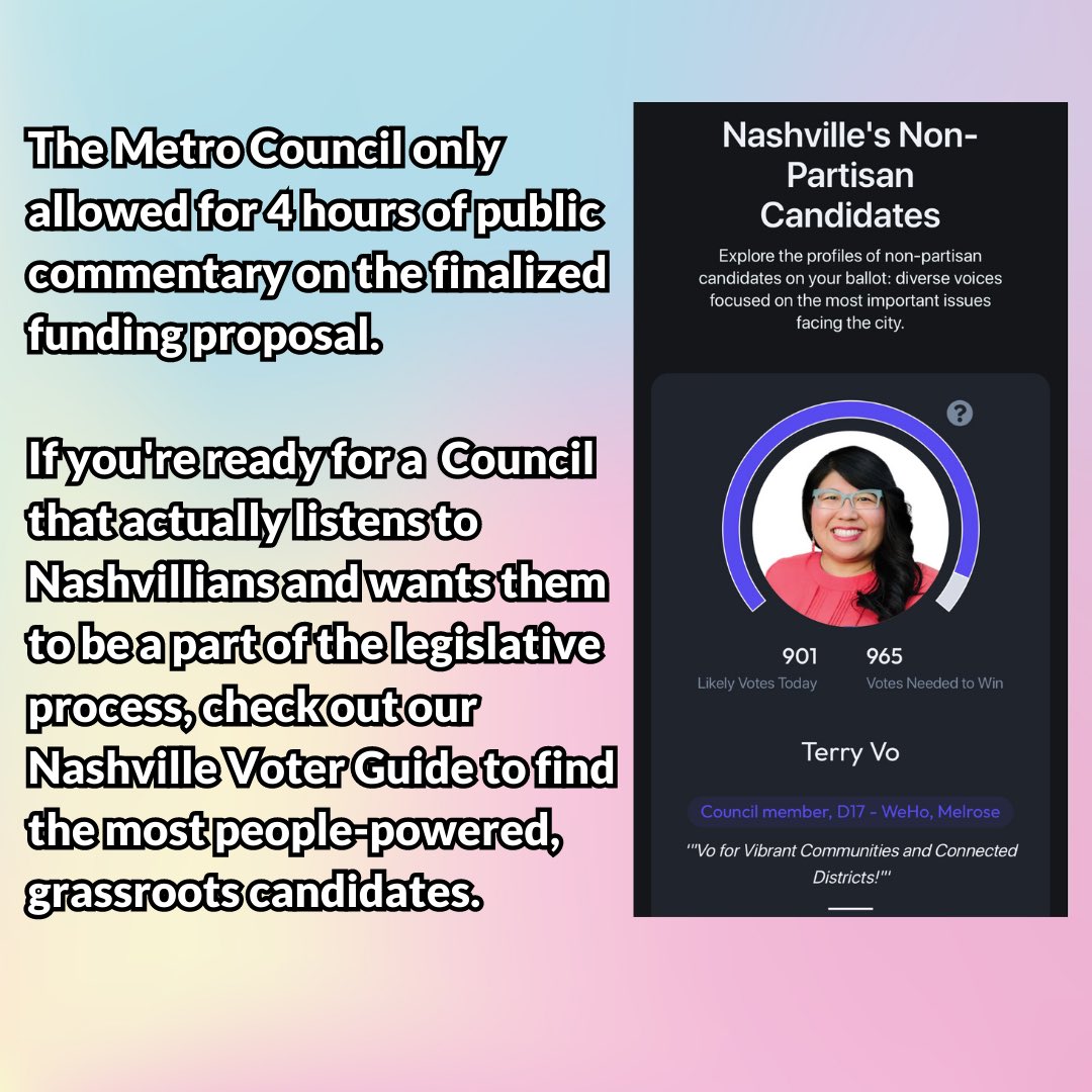 gptennessee's tweet photo. What would you have rather done with $1.26 Billion in public funds?
Check out our voting guide to find candidates who will truly listen to YOU! https://t.co/hVKLTNGmOH
#nashville #nashvillestadium #nashvilleelection https://t.co/7OWdvgqMOb