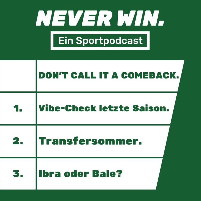 Hey, mein Fußball- und NBA Podcast Never Win hatte letzte Woche sein Comeback

Heute rede ich mit Paul das erste Mal öffentlich über die letzte BVB Saison, über das Saudi Transferfenster und frage, ob Bale oder Ibrahimovic besser war?

Wie seht ihr das?

Gerne teilen!

Link 👇👇