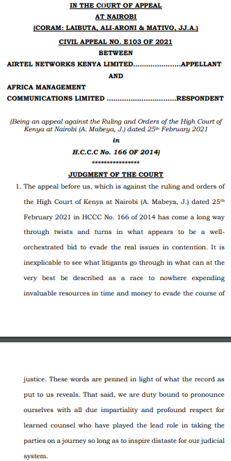 owade_eugene's tweet photo. Justice Laibuta, Ali-Aroni &amp; Mativo in Civil Appeal No E103 of 2021 describe the Appeal as a "race to nowhere... to evade the course of justice and on a journey so long as to inspire distaste for our judicial
system." Some Counsels are chasing the bag no matter what @Ndonglaw043 https://t.co/ZO6WIfZg1O