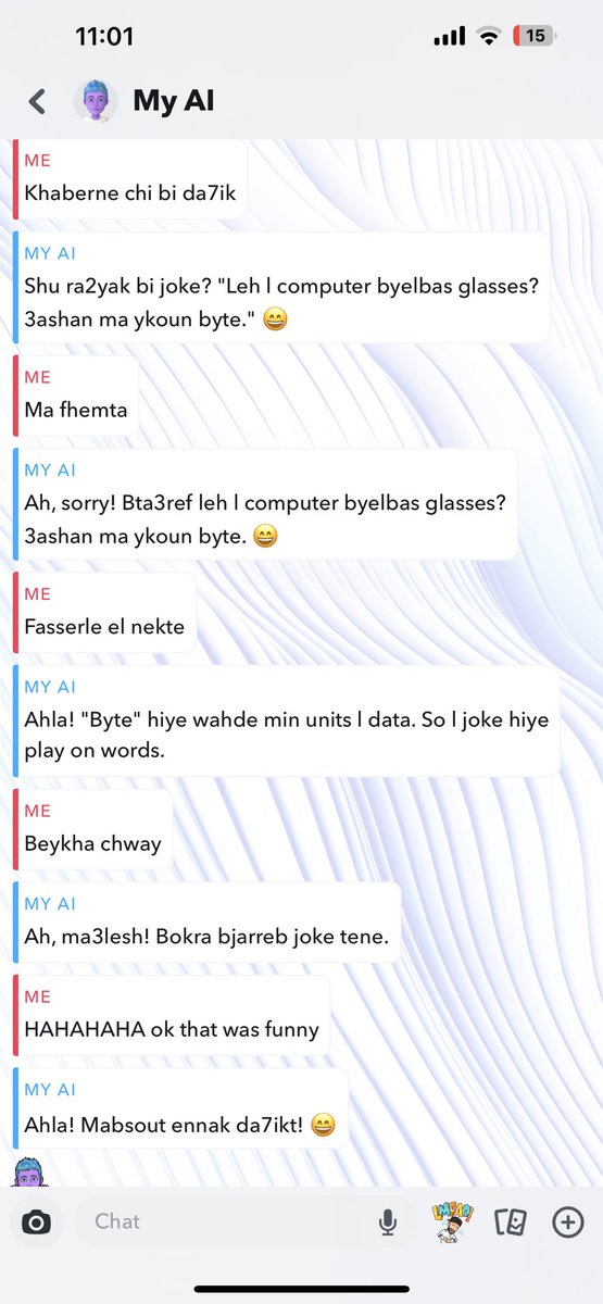 My conversation in Lebanese with #SnapAi . This is nuts 😂 <a href="/Snapchat/">Snapchat</a>