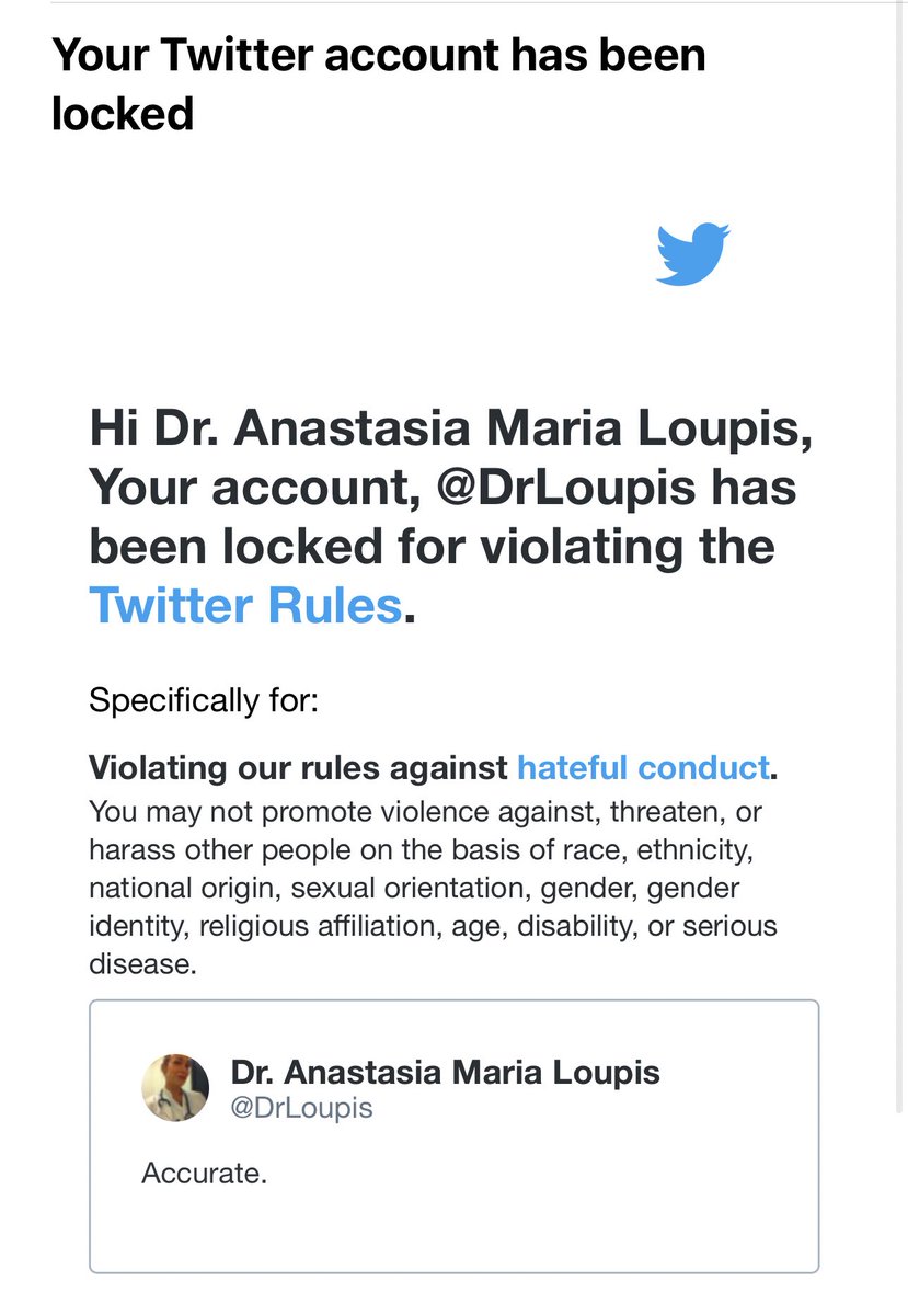 DrLoupis's tweet image. I’ve been locked out of my account for writing the word “accurate” on a meme that has been shared millions of times for years on Twitter and has been reported many times without being a violation of the Twitter rules. 

Recently I have been search and shadow banned weakly. The…