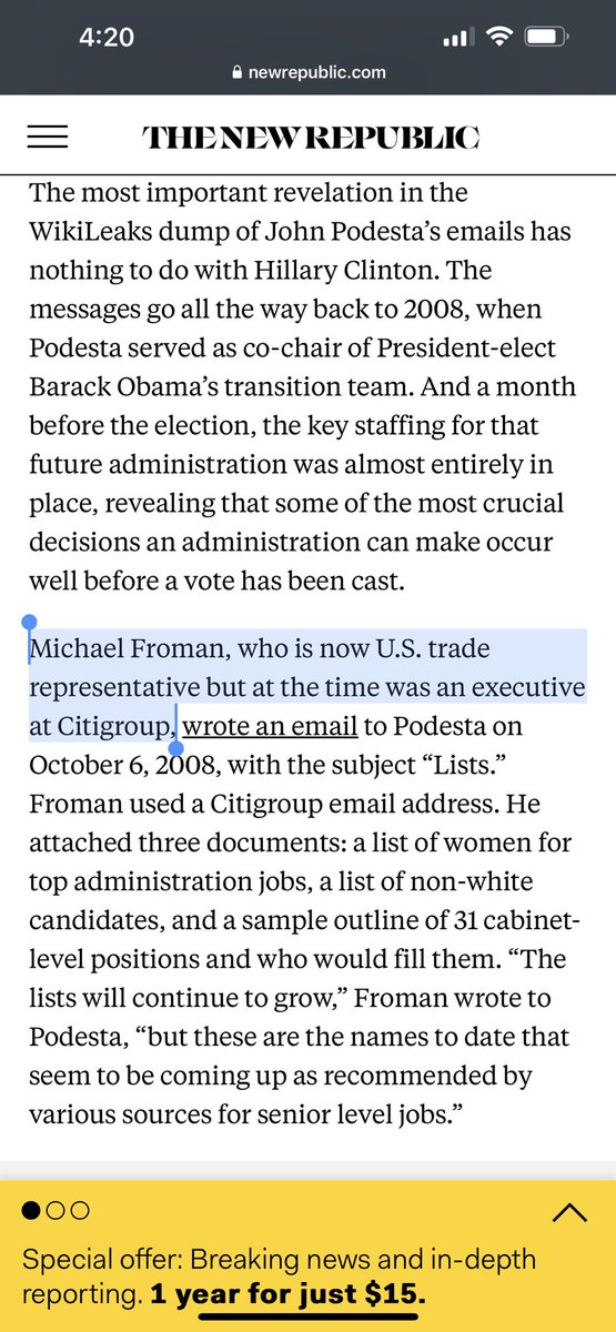 davidac35075727's tweet photo. The article cited by #Wikileaks reveals some interesting connections.
#MichaelFroman, was the U.S. trade representative and he was an executive at #Citigroup, he is the new #CFR President.
https://t.co/Ns88EXr2ck https://t.co/FfmlLmfV8y