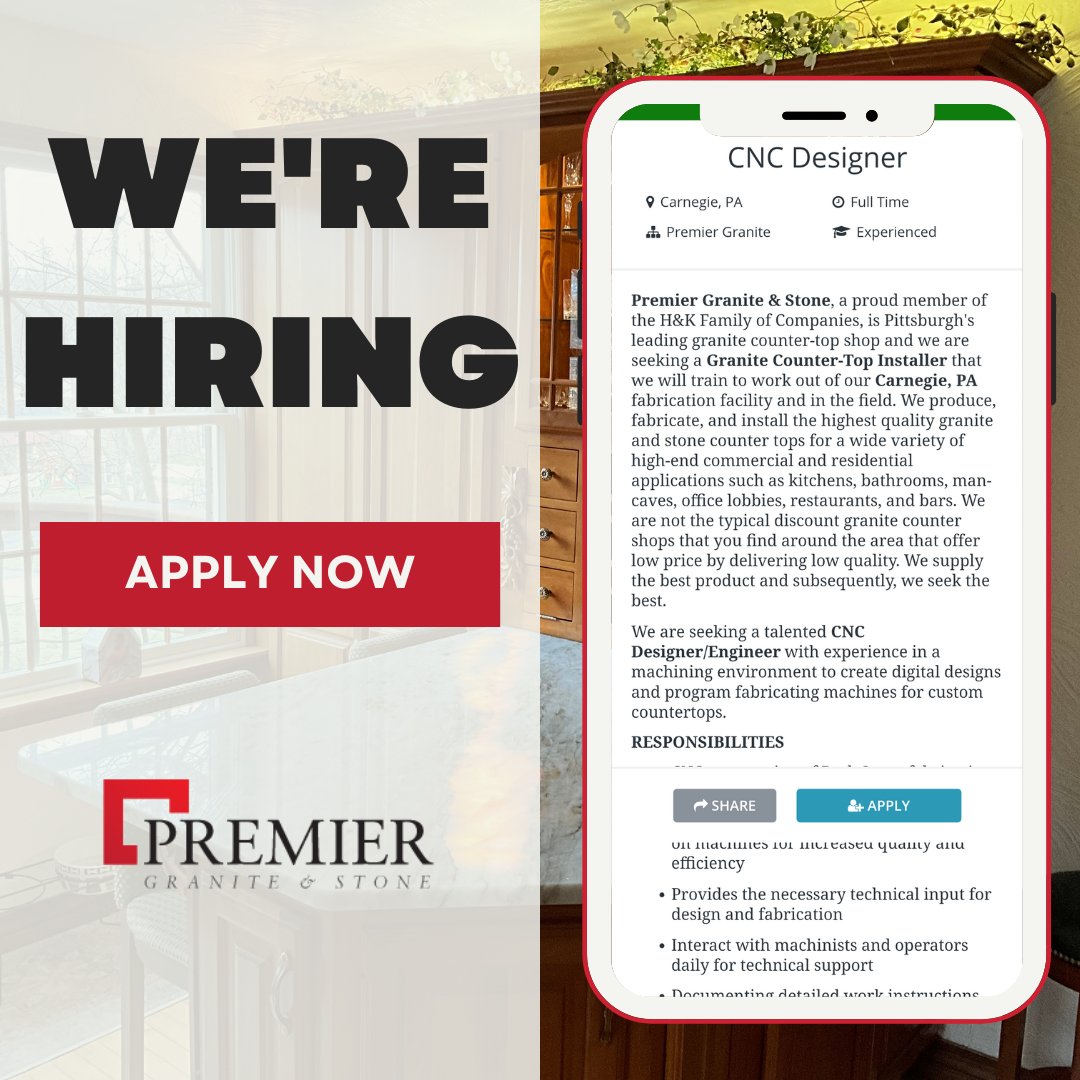 𝐖𝐞 𝐬𝐮𝐩𝐩𝐥𝐲 𝐭𝐡𝐞 𝐛𝐞𝐬𝐭, 𝐬𝐨 𝐰𝐞'𝐫𝐞 𝐬𝐞𝐞𝐤𝐢𝐧𝐠 𝐭𝐡𝐞 𝐛𝐞𝐬𝐭.

We're on the lookout for a new CNC Designer here at Premier Granite &amp; Tile! If you'd like to join our family, now's your chance.

Apply today ✏️ loom.ly/HZEqHwI