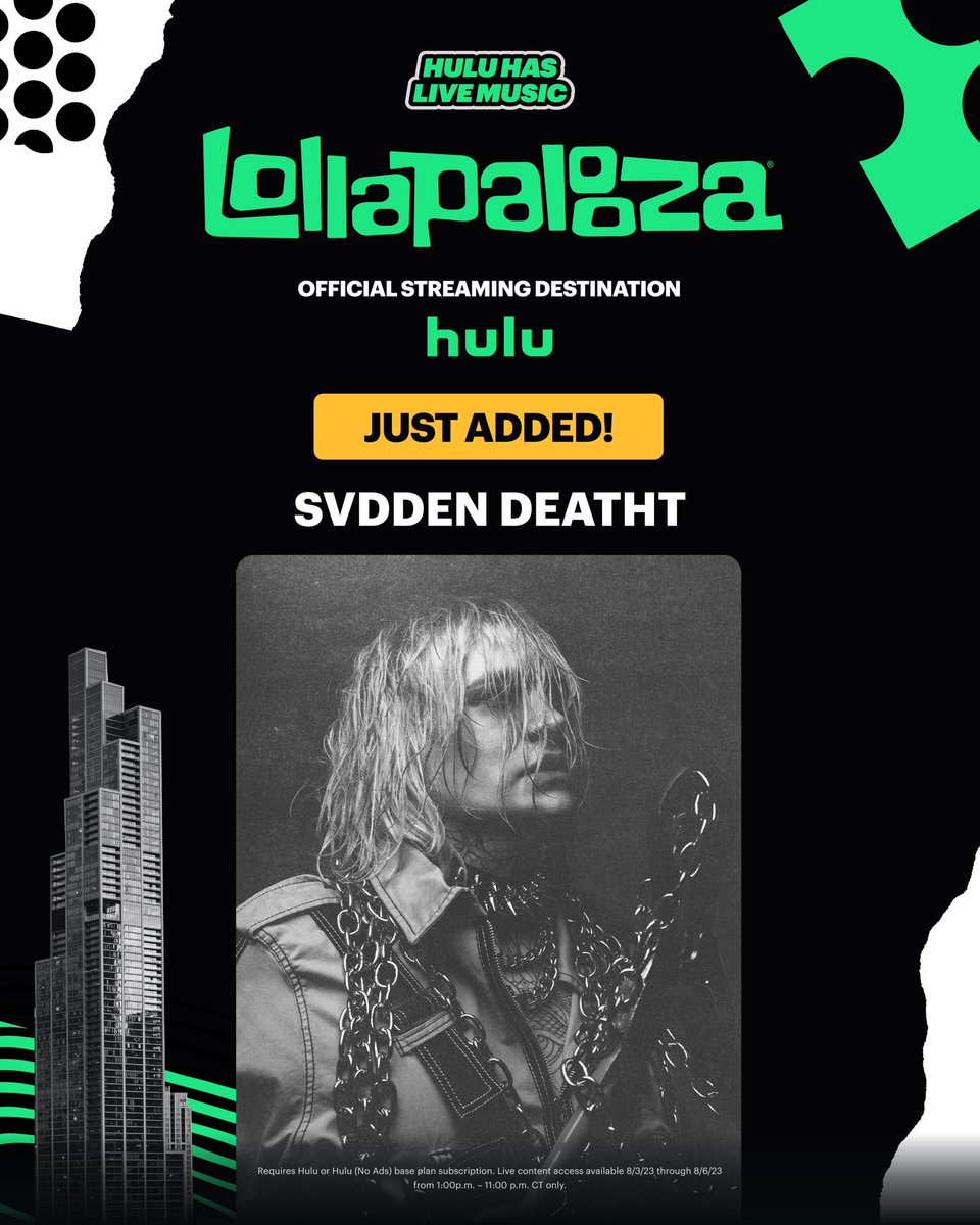 svddendeath's tweet photo. FRIDAY
MY SET AT LOLLA WILL BE STREAMED ON @hulu 
8:45PM CT https://t.co/Xeo7jVdNXb