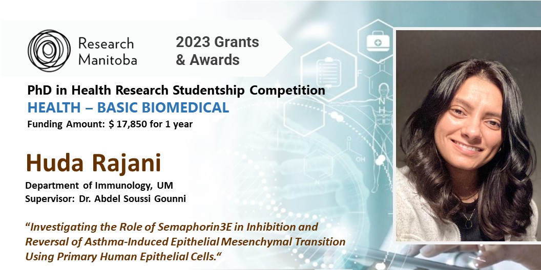 Dept of Immunology @ UofM (@um_immu) on Twitter photo Congratulations Huda on receiving 2023 Research Manitoba PhD in Health Research Studentship Competition in HEALTH – BASIC BIOMEDICAL.
Way to Go!
<a href="/um_research/">uManitoba Research</a> <a href="/UM_RadyFHS/">U of M Rady Faculty</a> <a href="/Research_MB/">Research Manitoba</a>
<a href="/UManitobaHSGSA/">HSGSA</a> #UMStudent <a href="/Dr_SGounni/">Abdelilah Soussi Gounni</a> Congratulations Huda on receiving 2023 Research Manitoba PhD in Health Research Studentship Competition in HEALTH – BASIC BIOMEDICAL.
Way to Go!
<a href="/um_research/">uManitoba Research</a> <a href="/UM_RadyFHS/">U of M Rady Faculty</a> <a href="/Research_MB/">Research Manitoba</a>
<a href="/UManitobaHSGSA/">HSGSA</a> #UMStudent <a href="/Dr_SGounni/">Abdelilah Soussi Gounni</a>