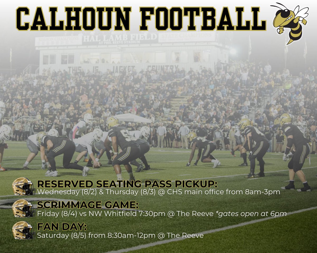 CalhounSchools's tweet photo. Who's ready for some Yellow Jacket football? #WAC 🐝🏈 https://t.co/x0a7wOIH8O