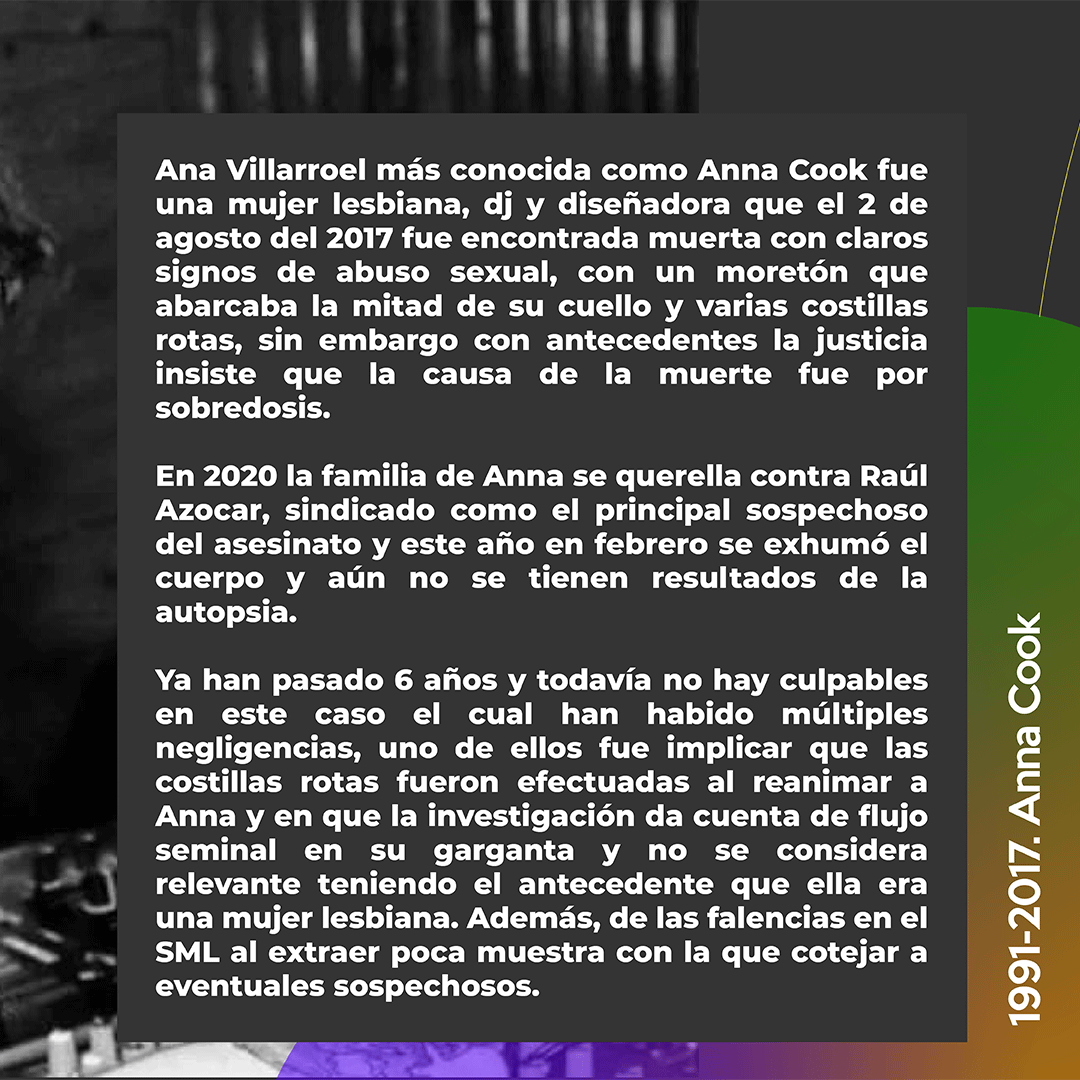 [1/2]
Este 2 de agosto se cumplen 6 años del asesinato de Anna Cook, mujer lesbiana, dj y diseñadora la cual fue encontrada muerta con claros signos de abuso sexual,sin embargo con antecedentes la justicia insiste que la causa de la muerte fue por sobredosis.