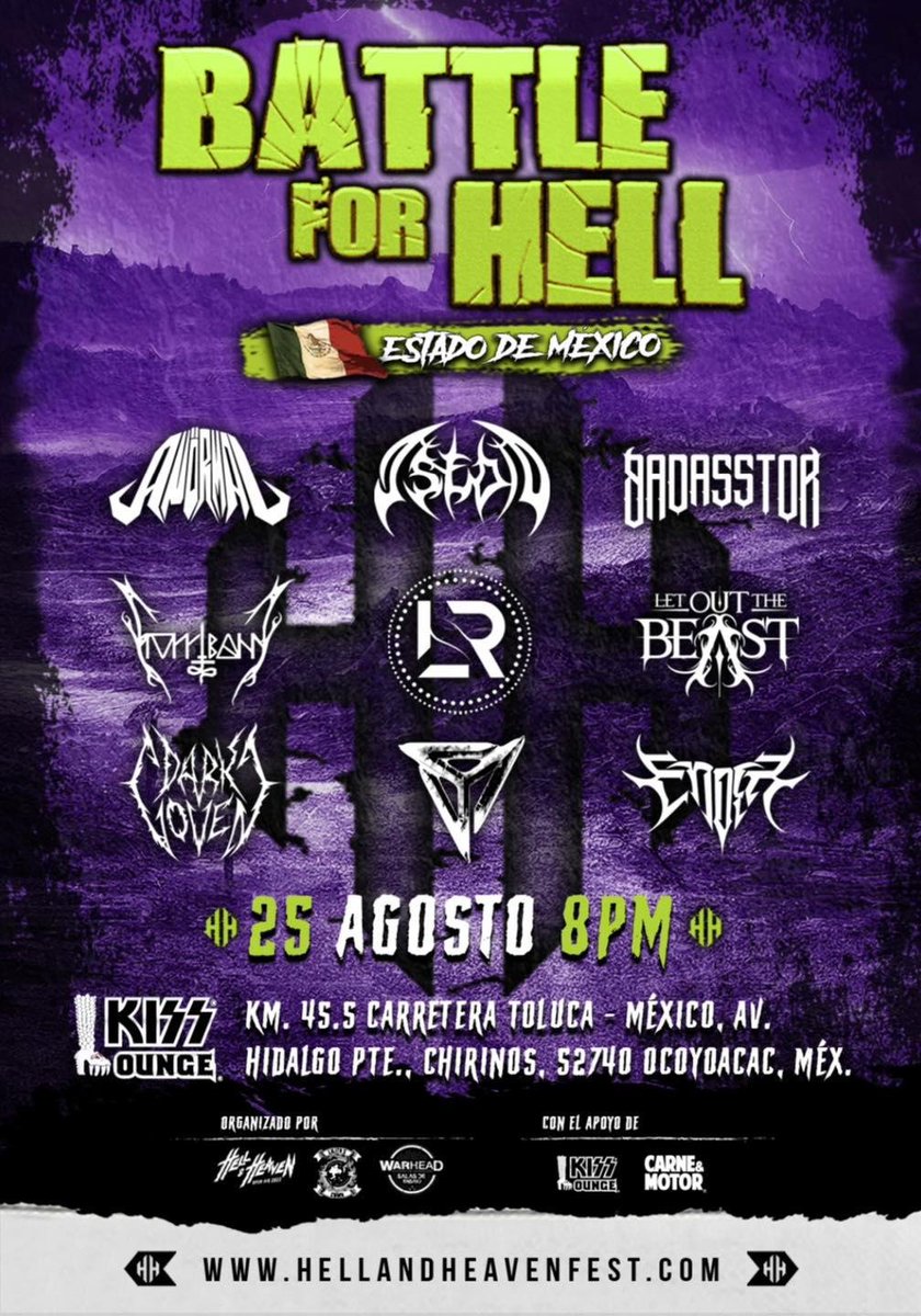 AsedioMX's tweet photo. Como anunciamos recién, estaremos en la #BattleForHell de este año, que se llevará a cabo el próximo 25 de agosto en el #KISSLounge y que contará con grandes bandas del #Edomex. Pero si nos ha de ir bien, será gracias a su apoyo.🙏 https://t.co/iAAfWMIpUA