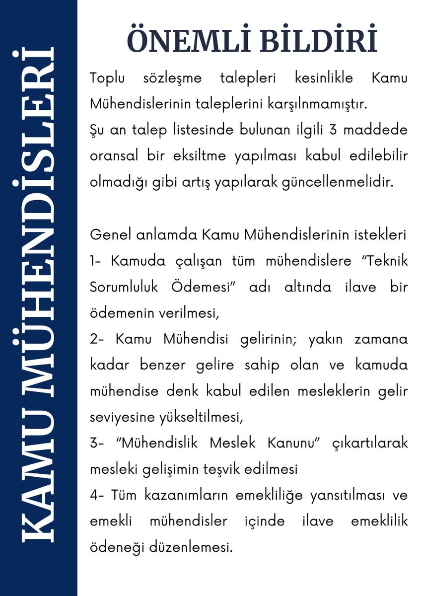 <a href="/farukozcelikgsb/">Faruk Özçelik</a> <a href="/tuzcuoglurefik/">Refik TUZCUOĞLU</a> Biz de toplu sözleşme görüşmelerinin başta kamu mühendisleri olmak üzere tüm memurlar için hayırlı olmasını diliyoruz.
Sayın Bakanım kamu mühendislerinin mağduriyetleri artık son bulsun istiyoruz.