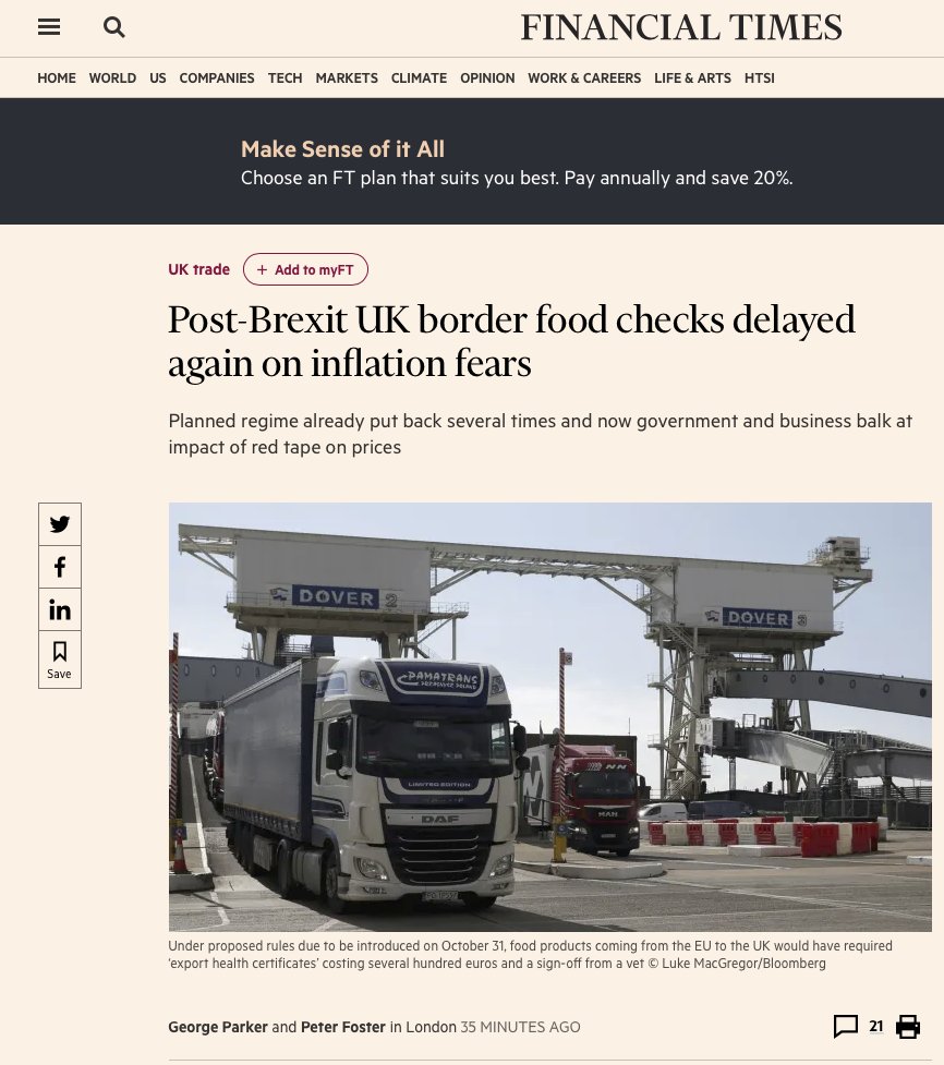 AlexTaylorNews's tweet photo. Quelle surprise !
🇬🇧 is postponing - yet again, for the 5th time - checking 🇪🇺food imports, planned for October
Turns out "taking back control of our borders" might "add to inflation" (who knew ?) - and they need "more time to prepare" 👇
🇪🇺 has been checking 🇬🇧food from Day 1 https://t.co/hCzTlmaSIp