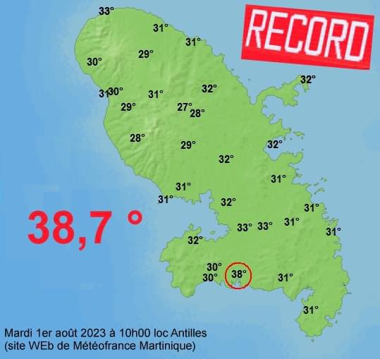 bienglace's tweet image. Bon ... 34, 35 ...voire 36°, on a déjà vu cela, le record de #Martinique jusqu'au 31 juillet était de 36,2° enregistré au François en septembre 2010 . Mais, ce 1er août, la station de Ste-Luce de Météofrance pulvérise l'ancien record en enregistrant 38,7° vers 10h (JN Degrace)