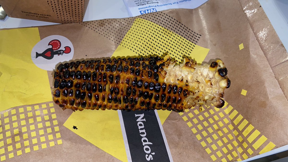Yrasul's tweet photo. @NandosUK ordered corn on the cob go this, burnt to within an inch of its life. Inedible! I tried. https://t.co/SGBE4K6k1c