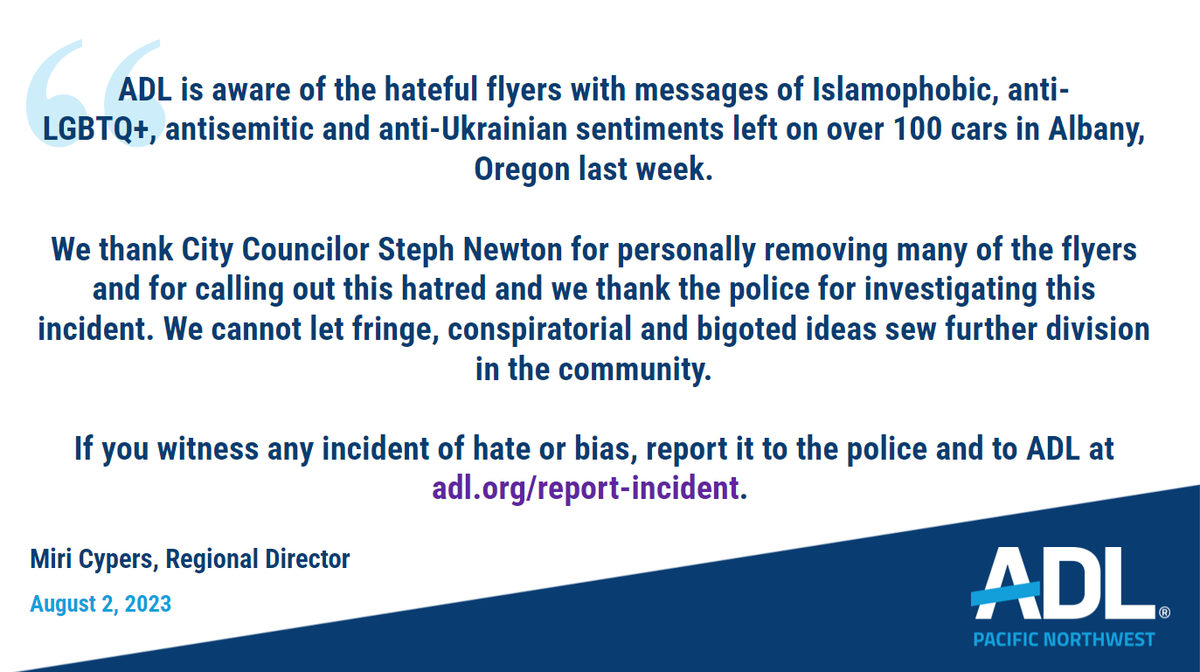 ADLPNW's tweet photo. ADL Pacific Northwest Regional Director @mcypers on hateful flyers left on over 100 cars in Albany, OR. Read more about the incident here: https://t.co/B2JTH1RP5w https://t.co/BY2WzmvHog