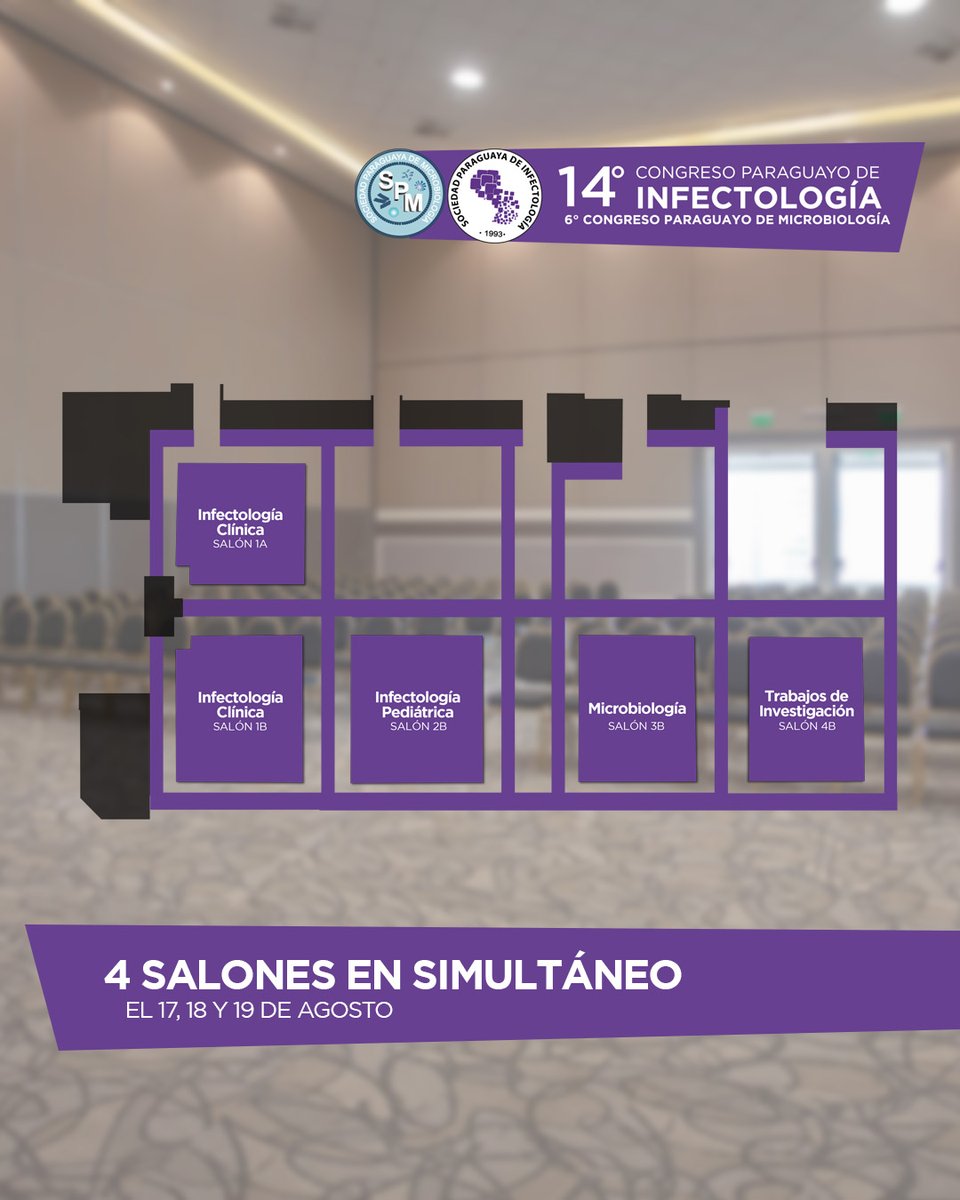 SPInfectologia's tweet photo. 4 salones simultáneos con 3 programas imperdibles:
💉Infecto Clínica
👶Infecto Pediátrica
🦠Microbiología
➕Exposición de Trabajos Científicos

XIV Congreso Paraguayo de Infectología:
🗓️ 17-19 de agosto
📍Centro de Eventos, Paseo La Galería
🖌️ Inscribite: https://t.co/Q79VQNtd6q https://t.co/HBt6vw4Jtp