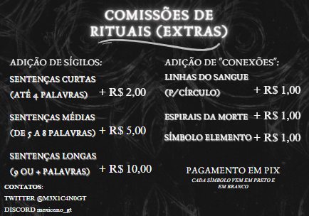 M3X1C4N0GT's tweet photo. Venho aqui hoje para mostrar a repaginada nas minhas #comission de rituais de #ordemparanormal, agora com extras!!

Qualquer um que quiser seu #homebrew ilustrado é só chamar na DM. https://t.co/tuLNsxFn7q
