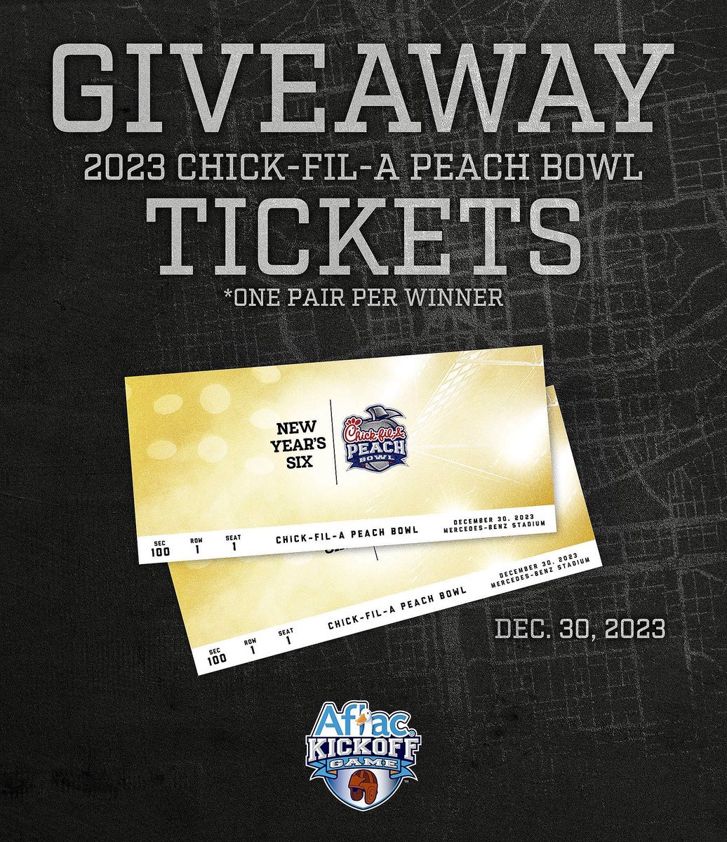 We’re giving away a pair of tickets to the 2023 Chick-fil-A Peach Bowl 🔥

Follow the rules below to enter:
1️⃣ Follow <a href="/AflacKickoff/">Aflac Kickoff Game</a> &amp; <a href="/CFAPeachBowl/">Chick-fil-A Peach Bowl</a>
2️⃣ Retweet
3️⃣ Tag a friend in the replies

#AflacKickoff x #CFAPeachBowl