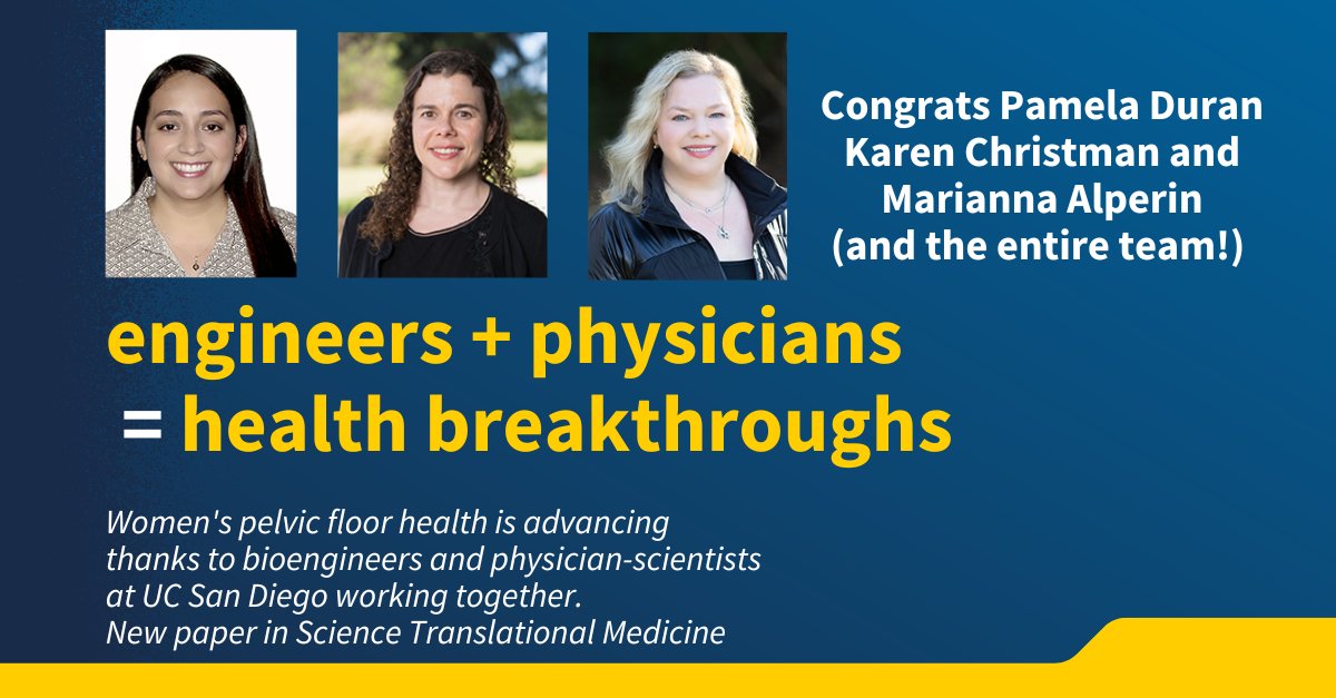 UCSDJacobs's tweet photo. Congrats to Pamela Duran, Karen Christman and Marianna Alperin on their paper on women’s pelvic floor health in @Science Translational Medicine. When engineers and physicians collaborate, actionable insights for better health emerge! @christman

https://t.co/C7HtNMgFoA https://t.co/mpkpfyd1n0