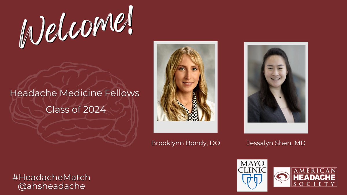 Thrilled to share that @MayoClinicNeuro AZ will be welcoming Dr. Brooklynn Bondy & Dr. Jessalyn Shen as our 2024-2025 #HeadacheMatch fellows! 🤩🥳💜 @ahsheadache @amfmigraine @WNGtweets @MayoClinic @AANmember @AmaalStarlingMD @schwedtt @lainegreen @KarissaArca